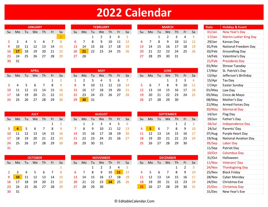 2022 printable calendar holidays