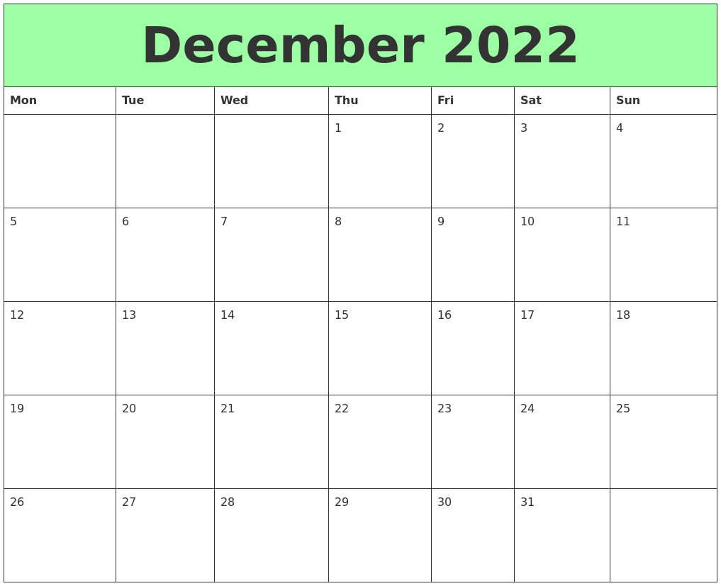 Printable December Calendar 2022 December 2022 Printable Calendars