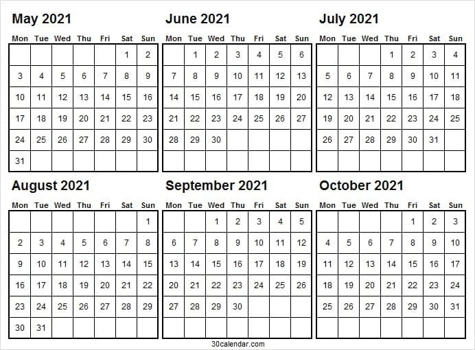 Printable May to Oct 2021 Calendar May to October 2021 Calendar Template May Calendar 2021