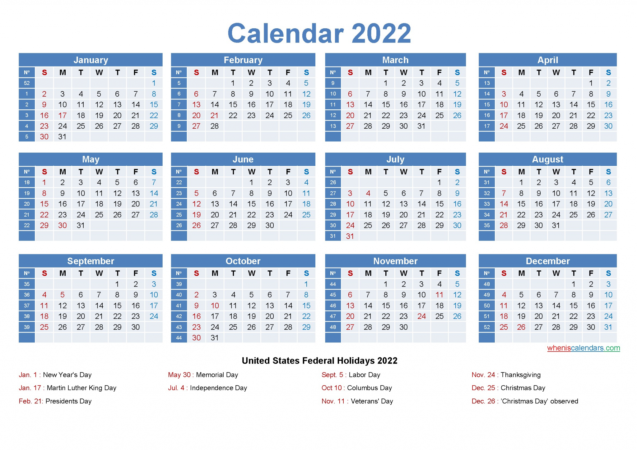 free 2022 printable calendar holidays week numbers ls arial 8 y22hl8