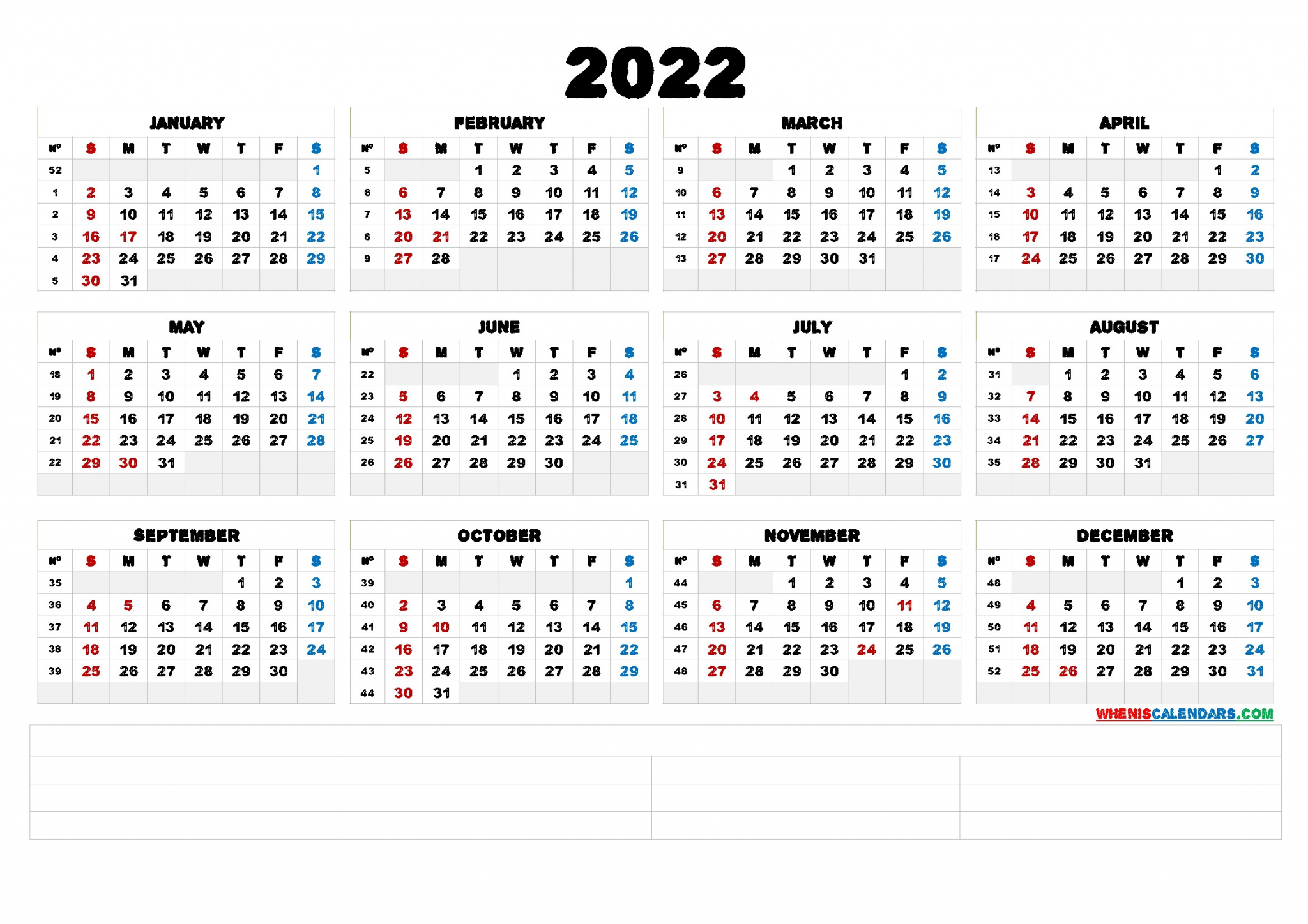 2022 printable calendar week numbers yearly amad 2 y6n32