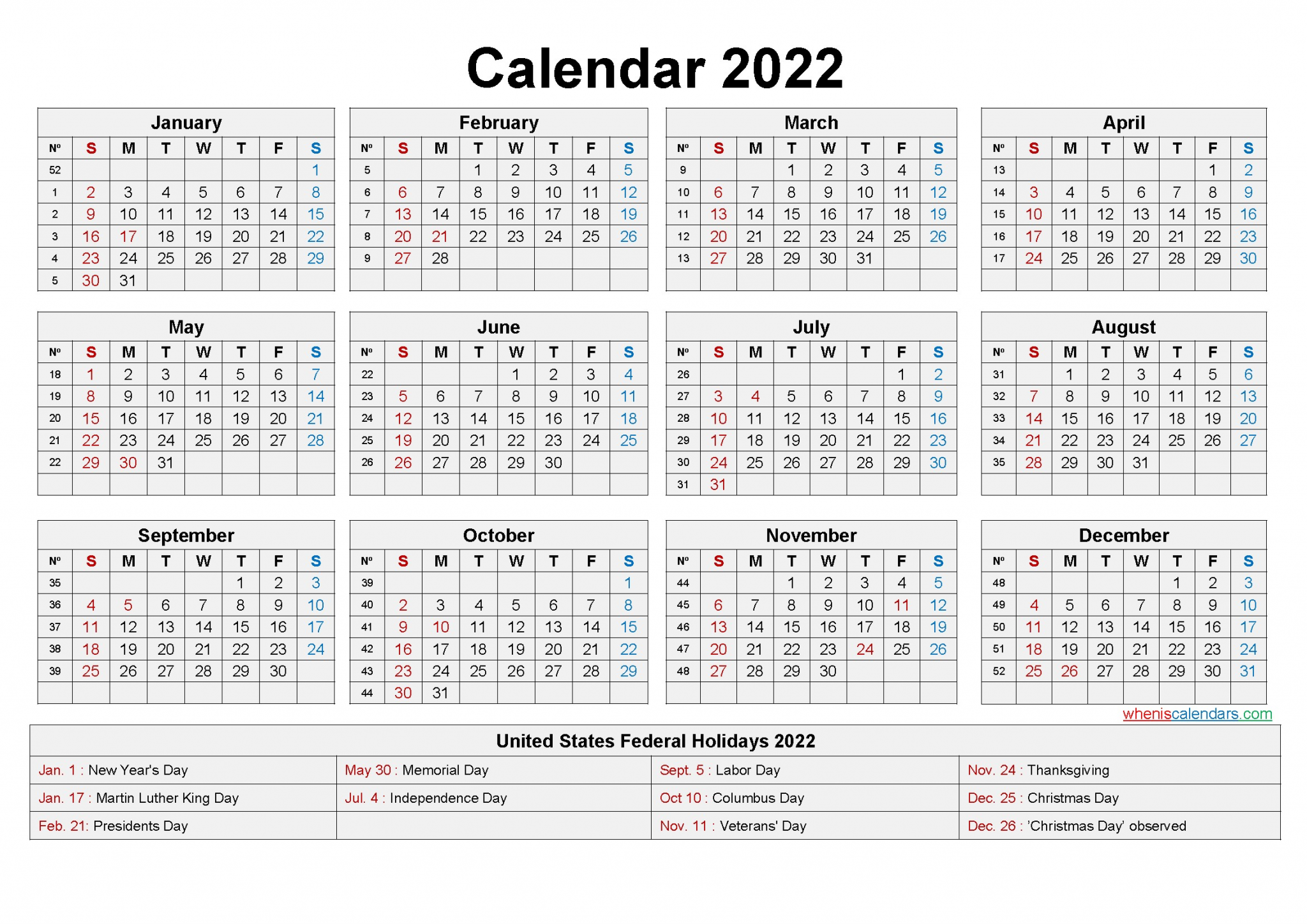 free 2022 printable calendar holidays week numbers ls arial 20 y22hl20