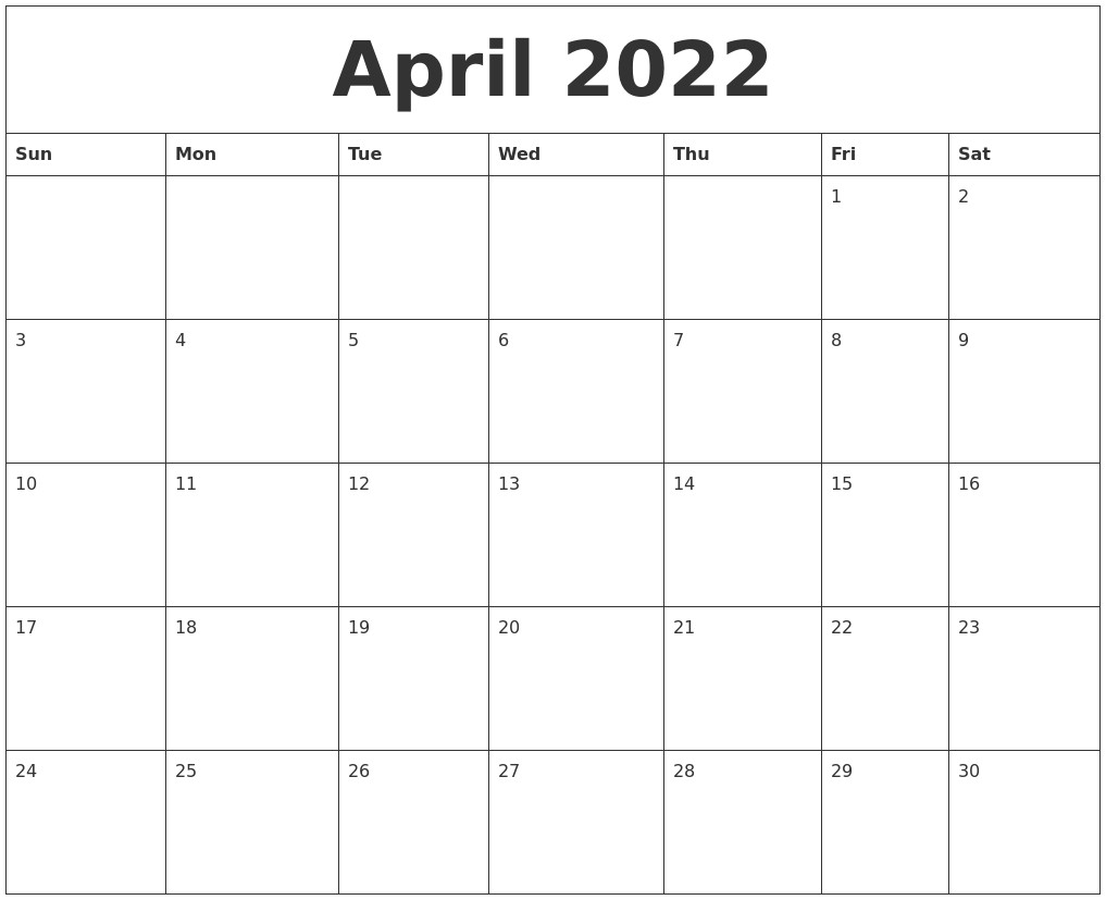 april 2022 calendar
