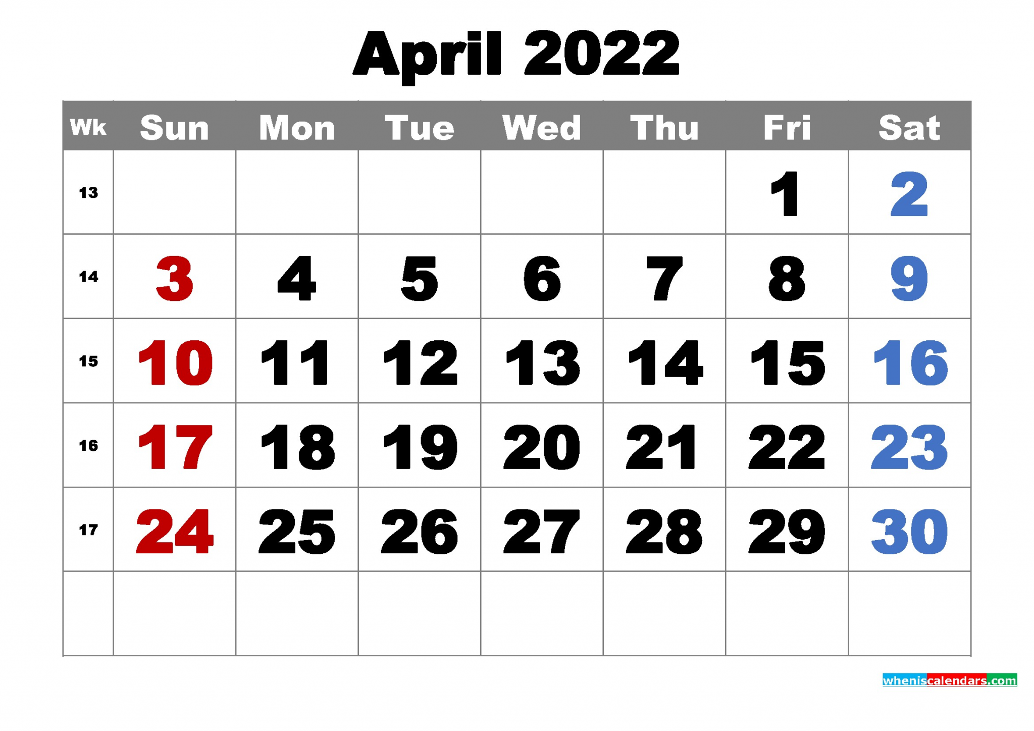 free april 2022 monthly calendar printable wk arialblk m22w4