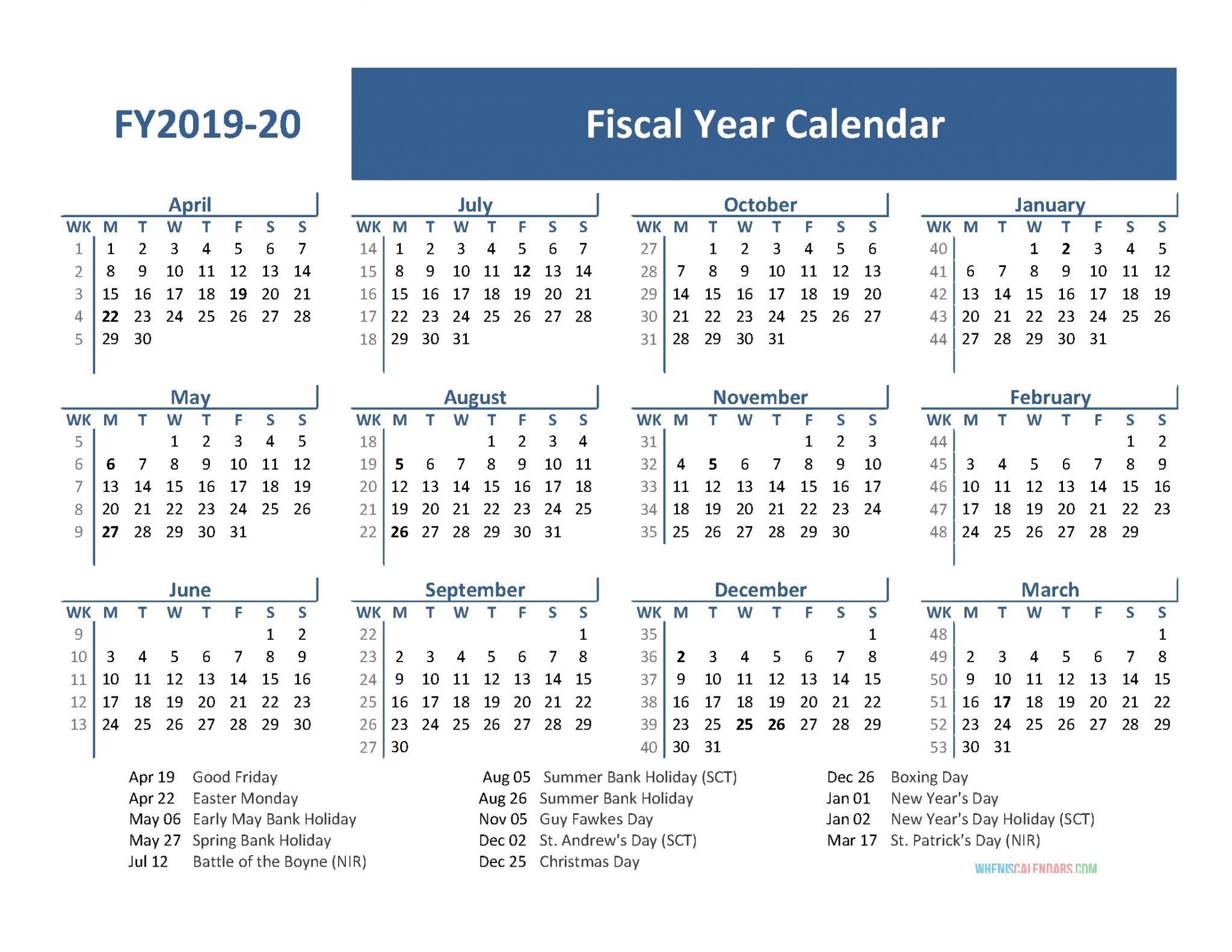 2019 2020 calendar financial week numbers