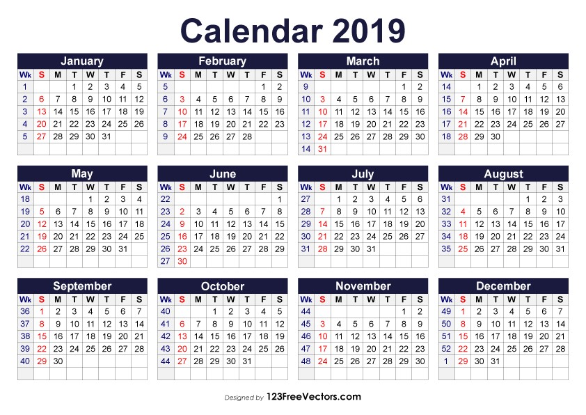 Printable 2019 Calendar with Week Numbers Free