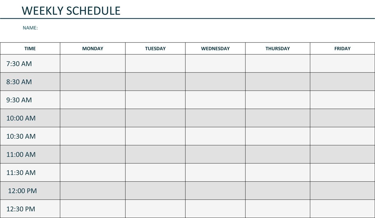 Monday Through Friday Schedule with Times Mon Thru Friday Weekly Blank Calendar