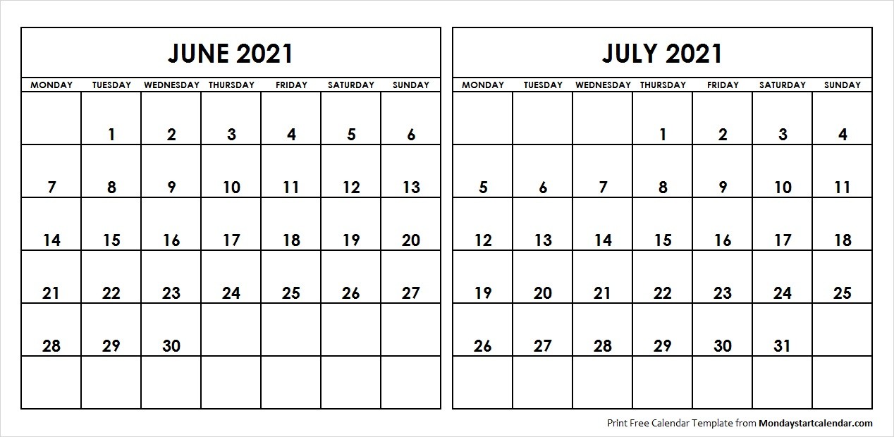 Apr to Jun 2021 Calendar Template Blank June July 2021 Printable Calendar Archives Monday