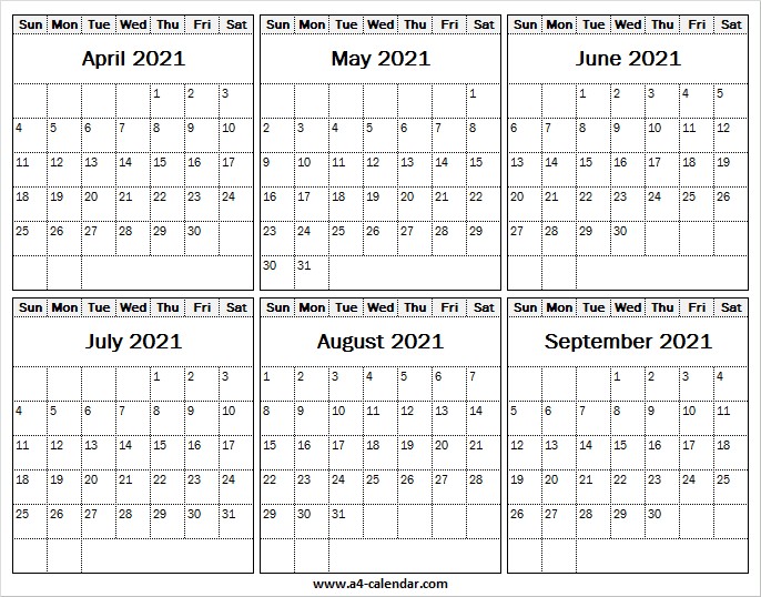 apr to sep 2021 calendar blank