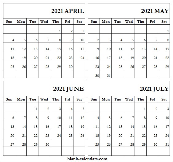 april to july 2021 calendar blank printable