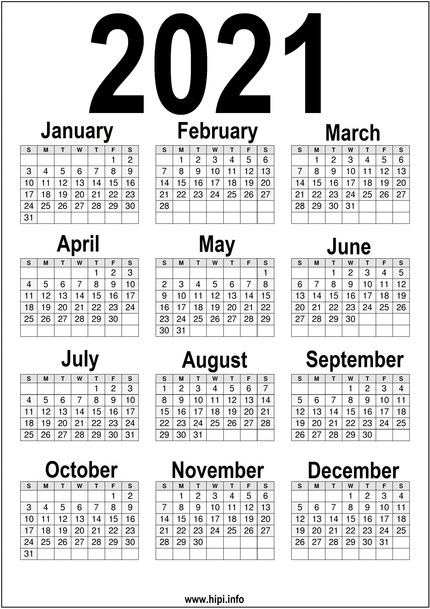 black and white 2021 calendar printable