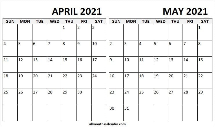 Print Calendar April May 2021 April May 2021 Calendar A4 Printable Two Month Calendar