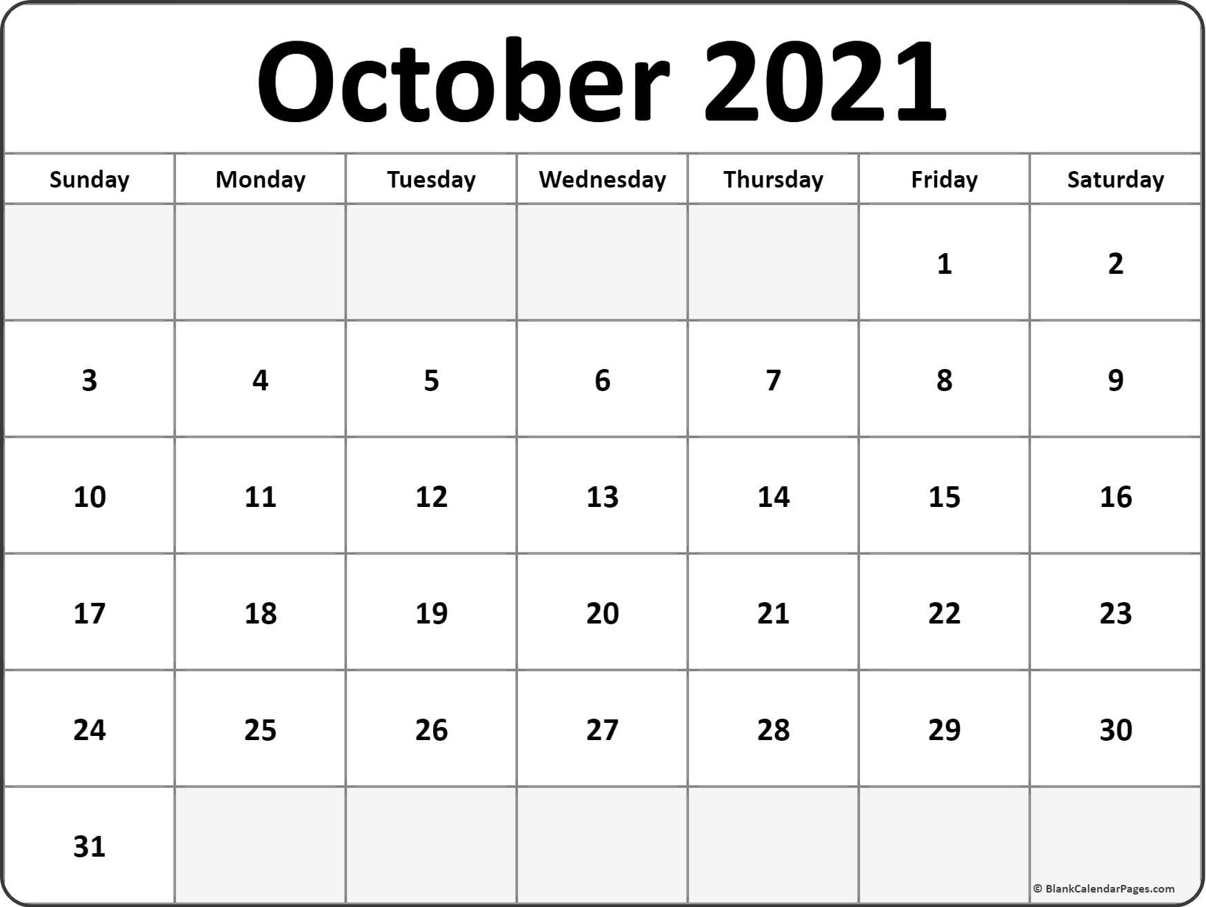 October 2021 calendar