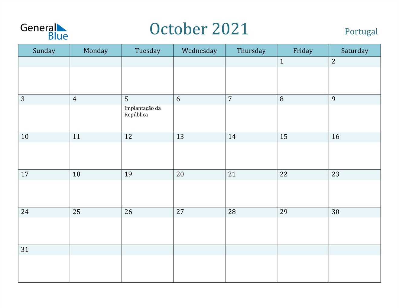 Editable October 2021 Calendar October 2021 Calendar Portugal