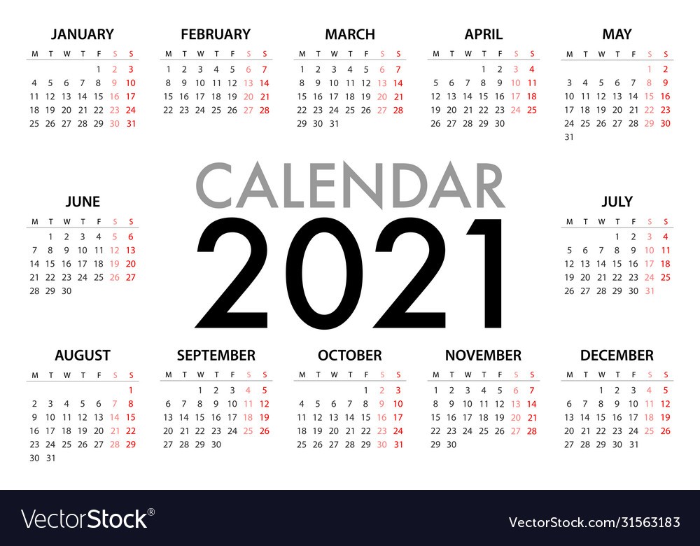 calendar planner 2021 week starts monday simple vector