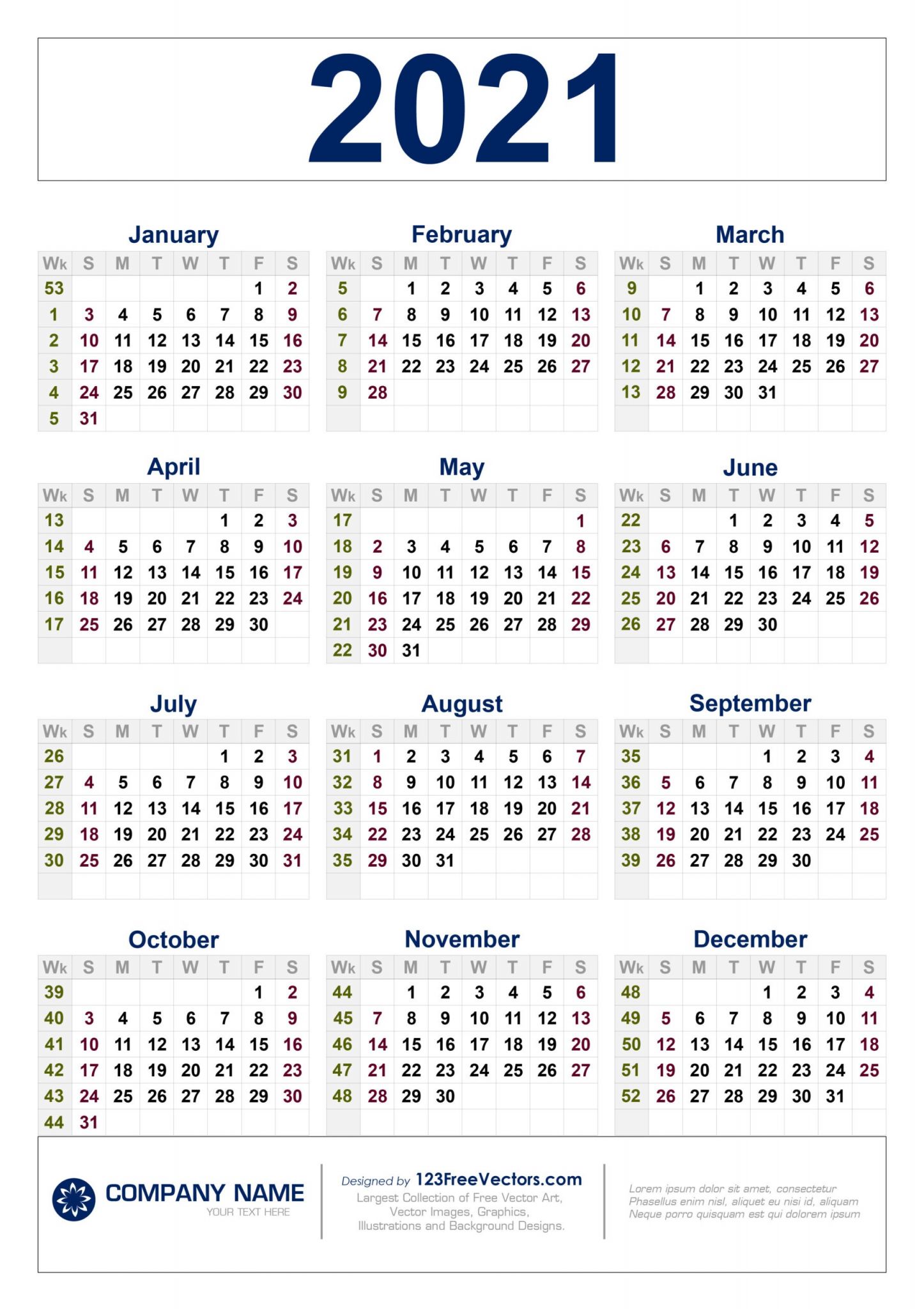 free printable 2021 calendar with week numbers