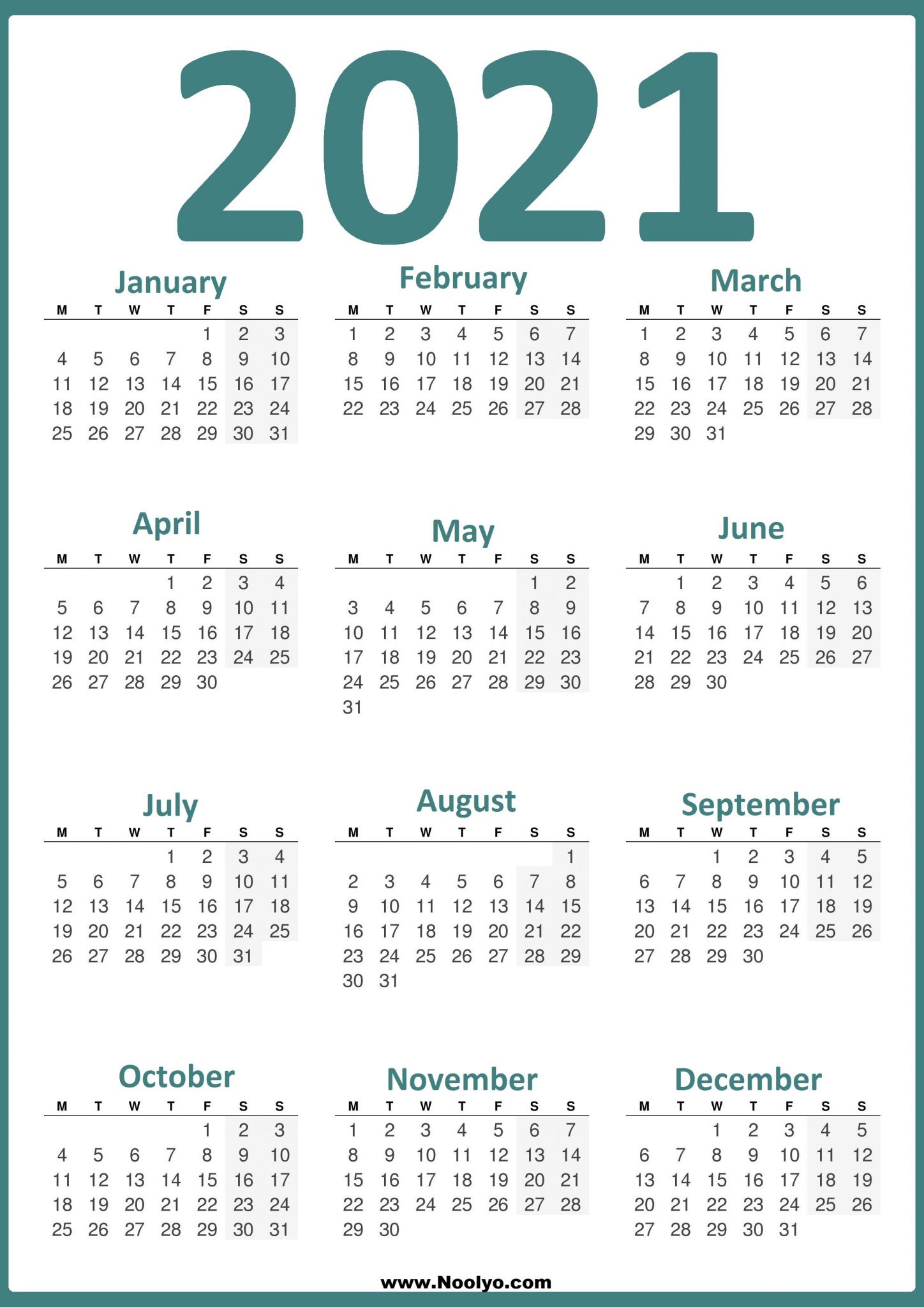 printable 2021 calendar week starts on