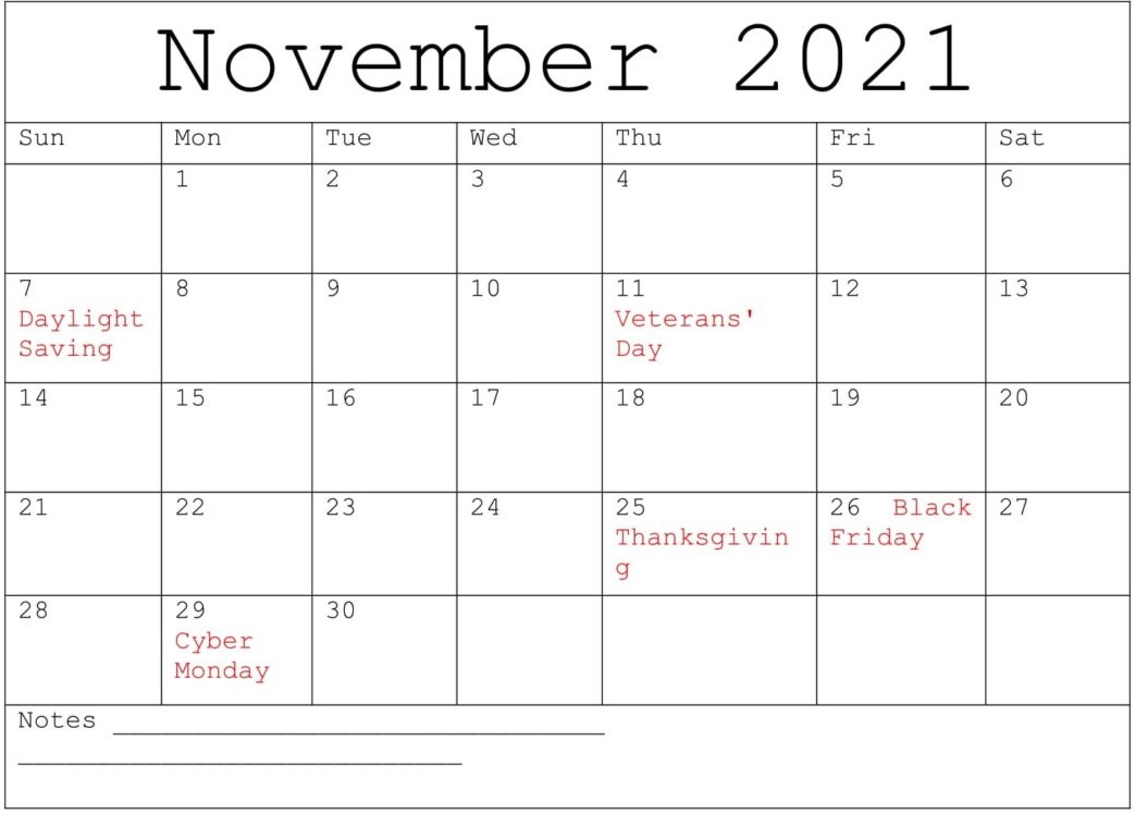 November 2021 Calendar With Holidays Template
