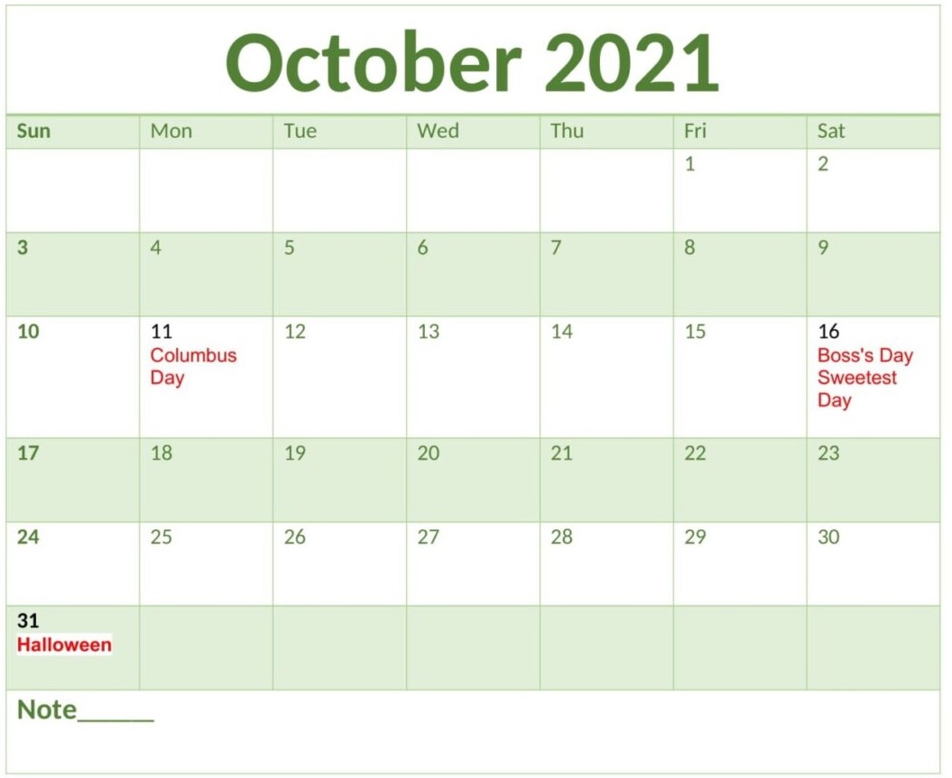 October 2021 Calendar With Holidays Free